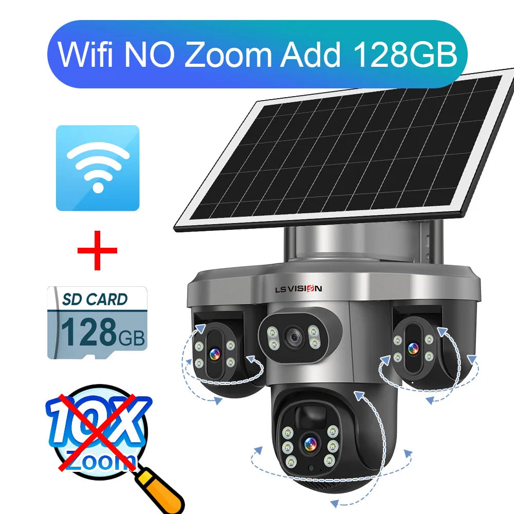 LS VISION 20MP 4 Lens Three Screen 4G Solar Camera Outdoor WiFi 10X Optical Zoom Auto Tracking Wifi Surveillance Camera V380 Pro 