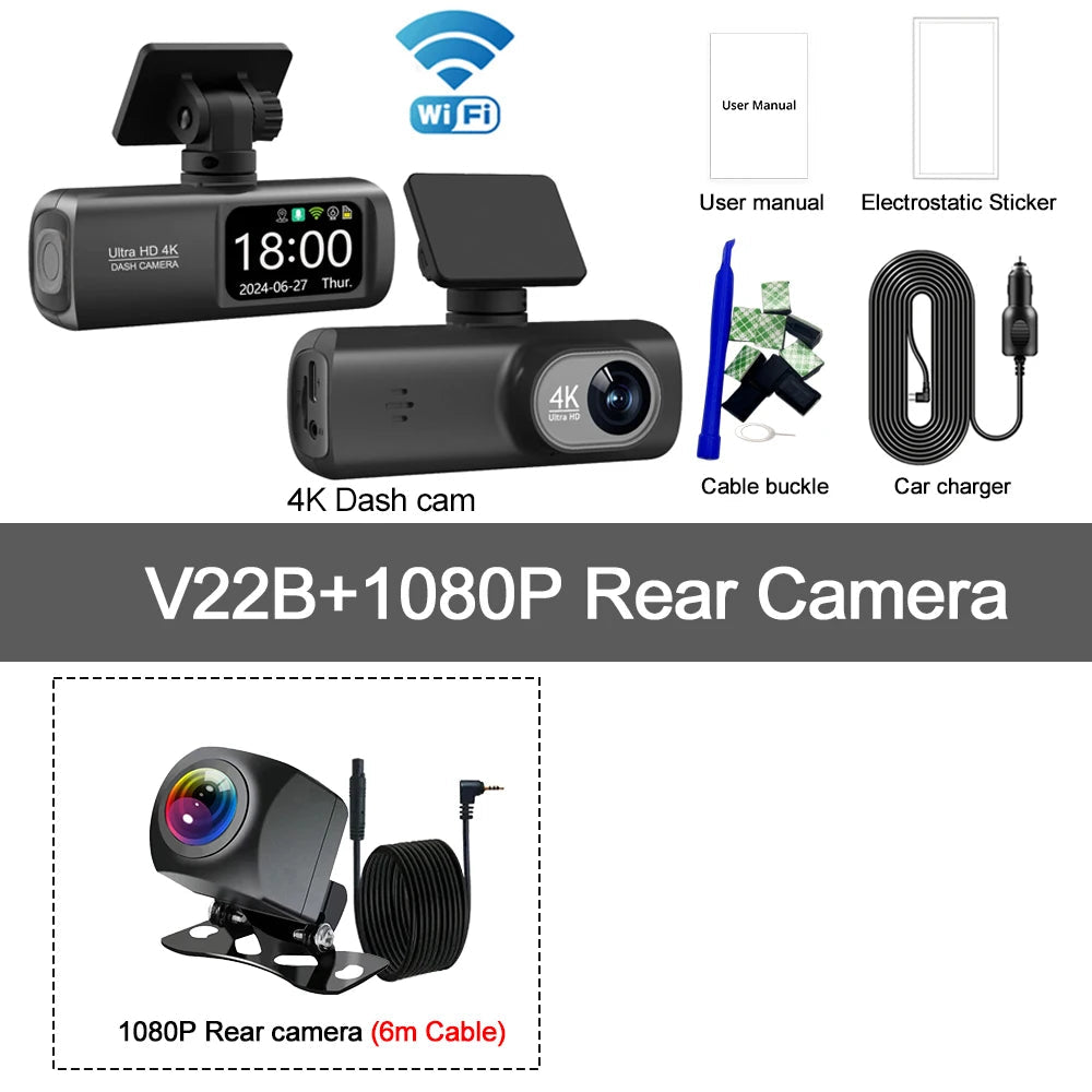 UHD 4K WiFi Dash Cam Dual Lens Driving Recorder Car DVR Optional 1080P Rear Lens Camera GPS 24H Parking Monitoring Black Box 