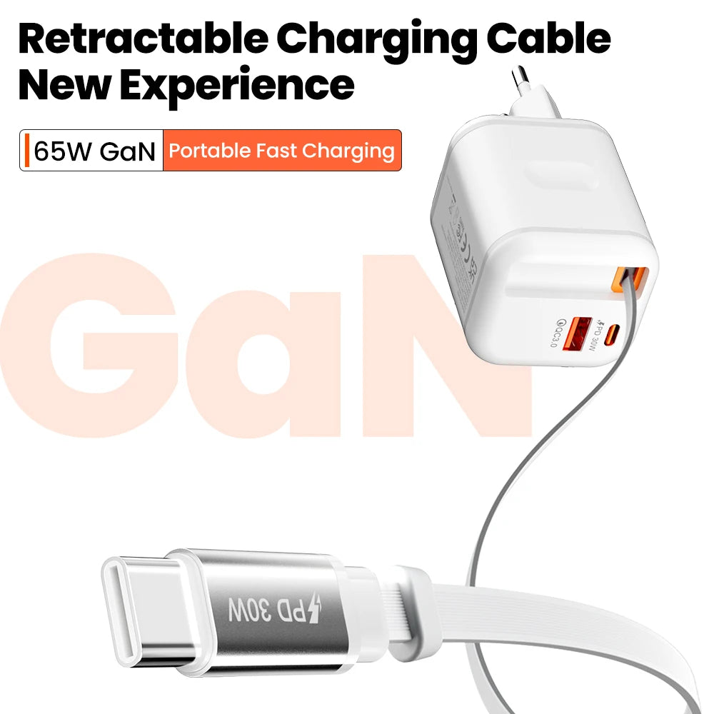 USB Wall Charger with Retractable USB-C Cable