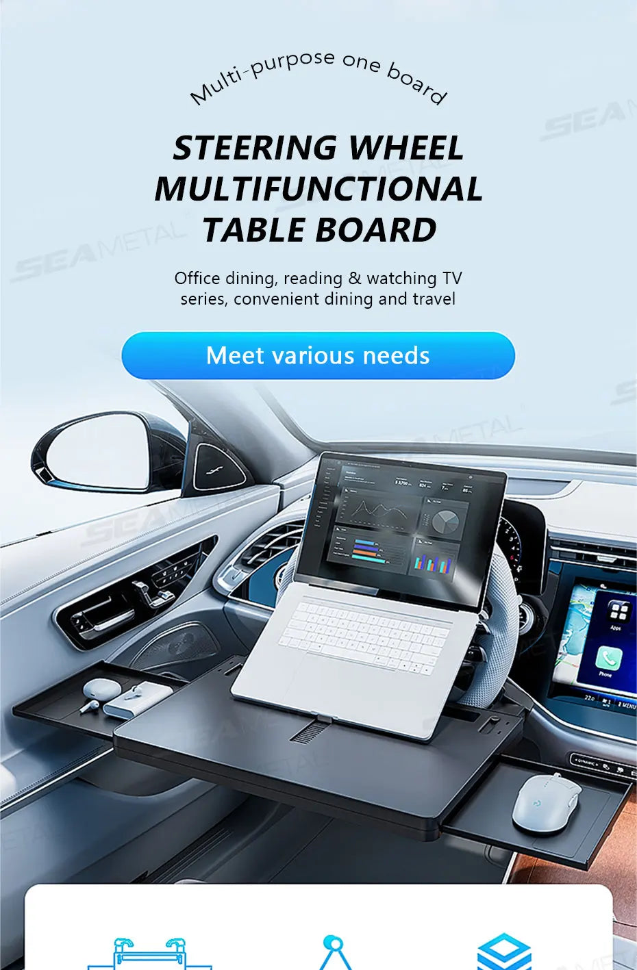 SEAMETAL Extendable Steering Wheel Tray Car Temporary Tray for Driver Adjustable Silicone Anti Slip Clip Foldable Hidden Tray