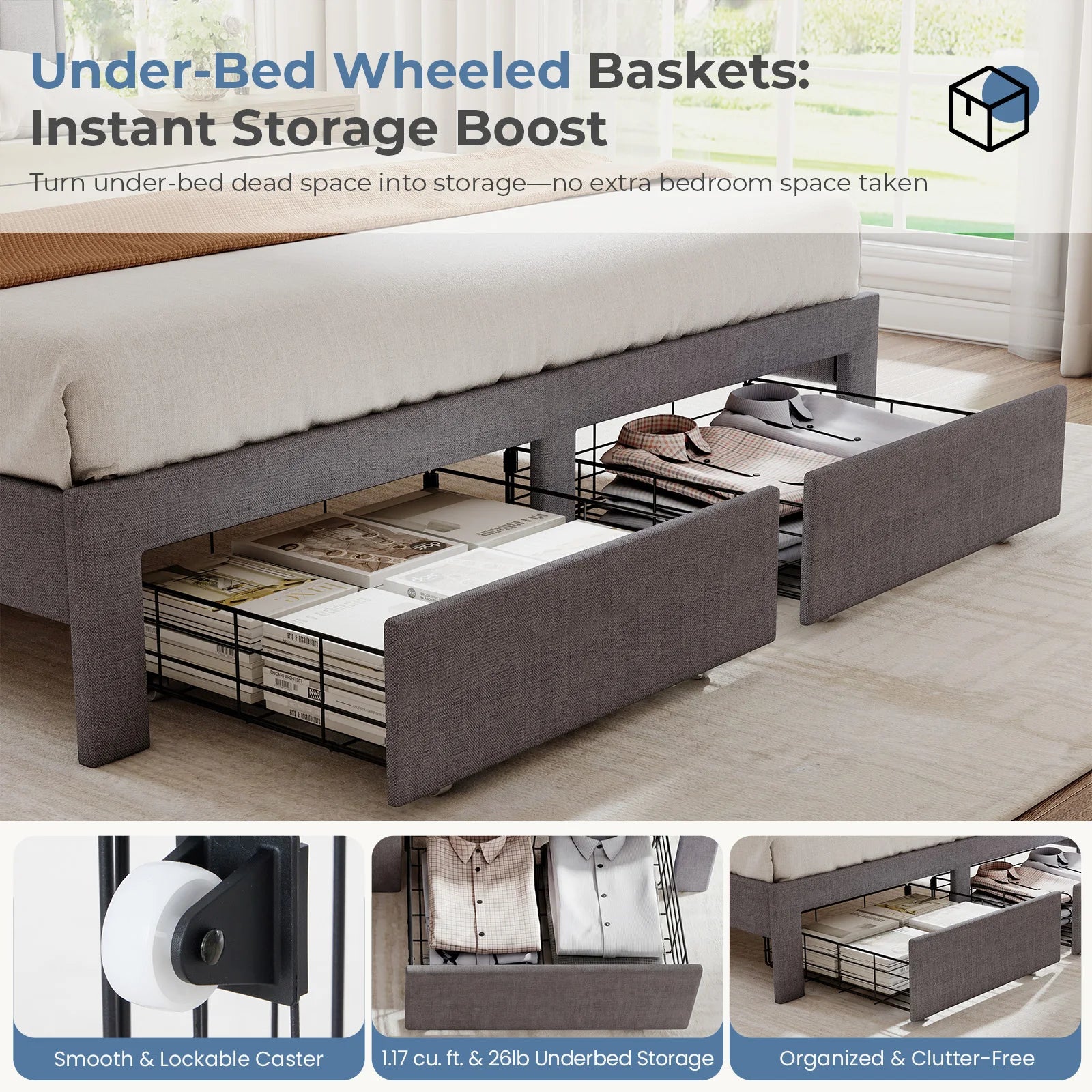 Wood Bed Frame with Storage Drawers & Upholstered Headboard