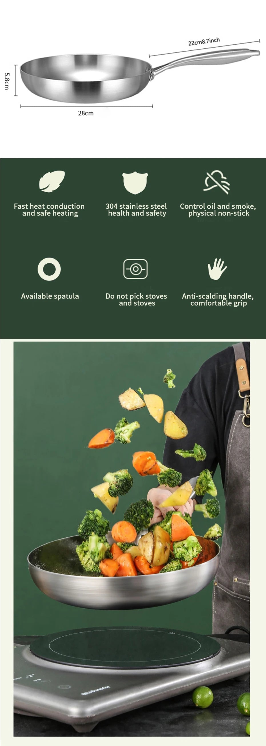 304 Stainless Steel Frying Pan, NonStick Pan Fried Steak Pot  Uncoated Kitchen Cookware For Gas Stove and Induction Cooker 