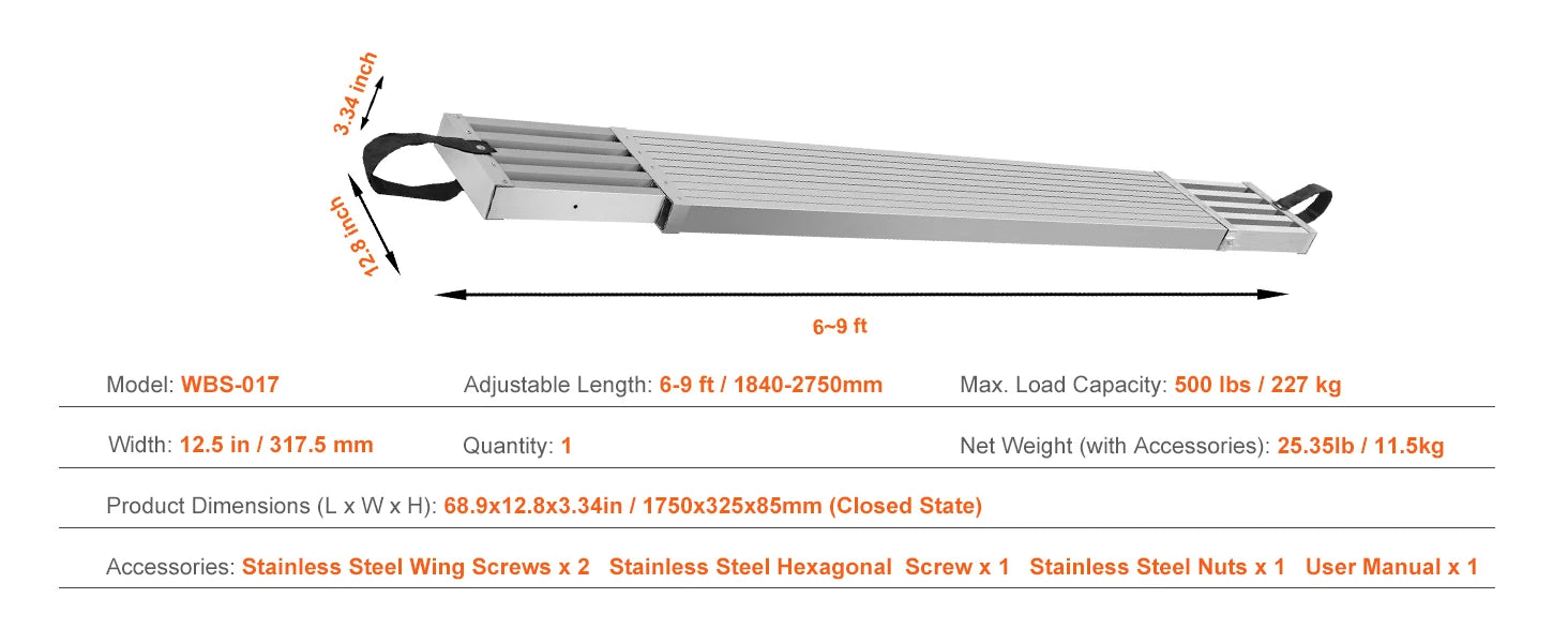 SucceBuy teleskoperbar aluminiumsarbejdsplanke 6-9 ft 500 lbs kapacitet 12,5 tommer bred aluminium scopløftnings- eller/og stilladsplanke udvidelsesstagingplanke