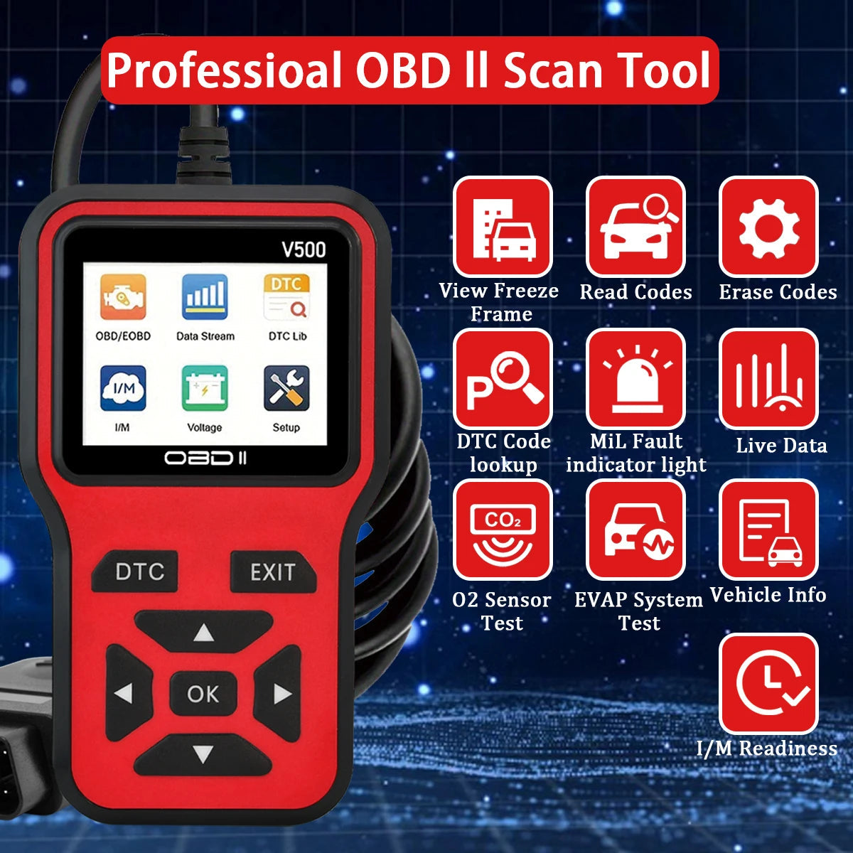 Car OBD2 Scanner Diagnostic Tool Code Reader, Car Voltage Tester Engine Fault Code Scanner, Charging Tester Diagnostic Tool V500 