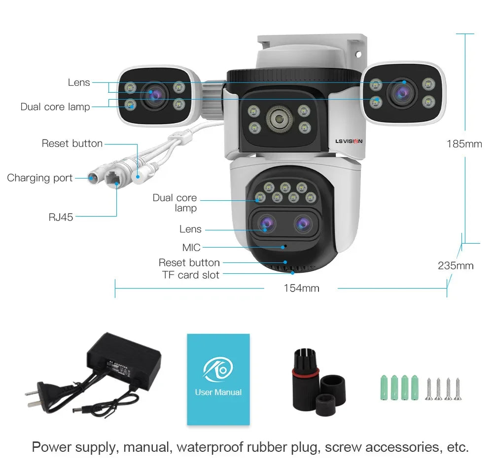 LS VISION 20MP Three Screens WiFi Security Camera Outdoor 10X Optical Zoom Four Lens Human Auto Tracking Waterproof CCTV Cameras 