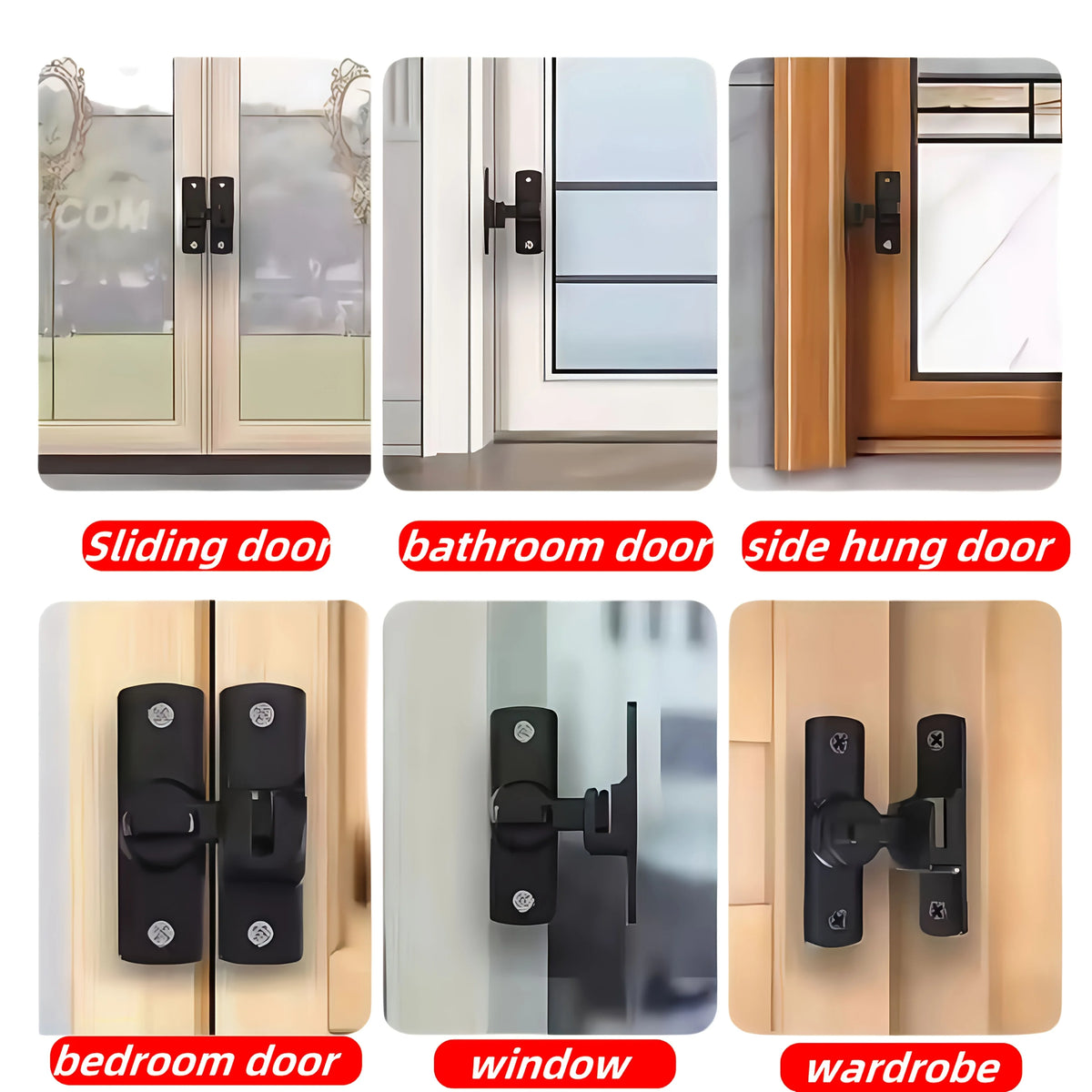 Anti-Theft Door Lock - 90°/180° Adjustable Sliding Pin, Keyless Entry Heavy-Duty Black Easy Install for Home Office Hotel Garage