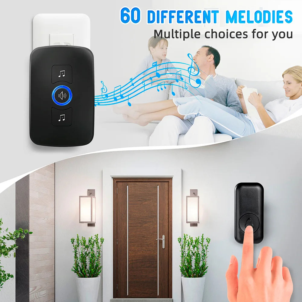 Wireless Doorbell with 60 Chimes, 500ft Range, Waterproof Button