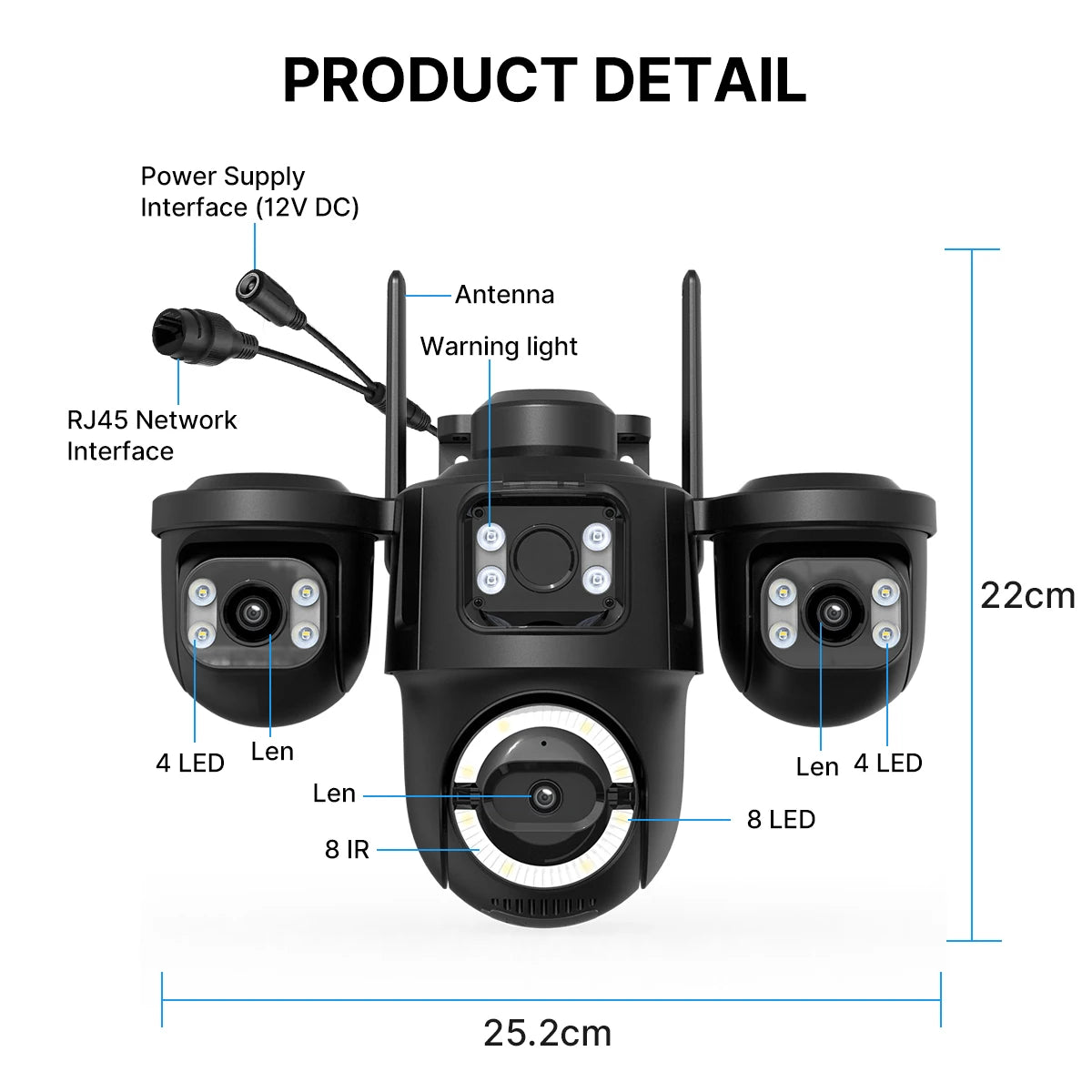 Outdoor Triple-Lens PTZ WiFi IP Camera with AI Motion Detection