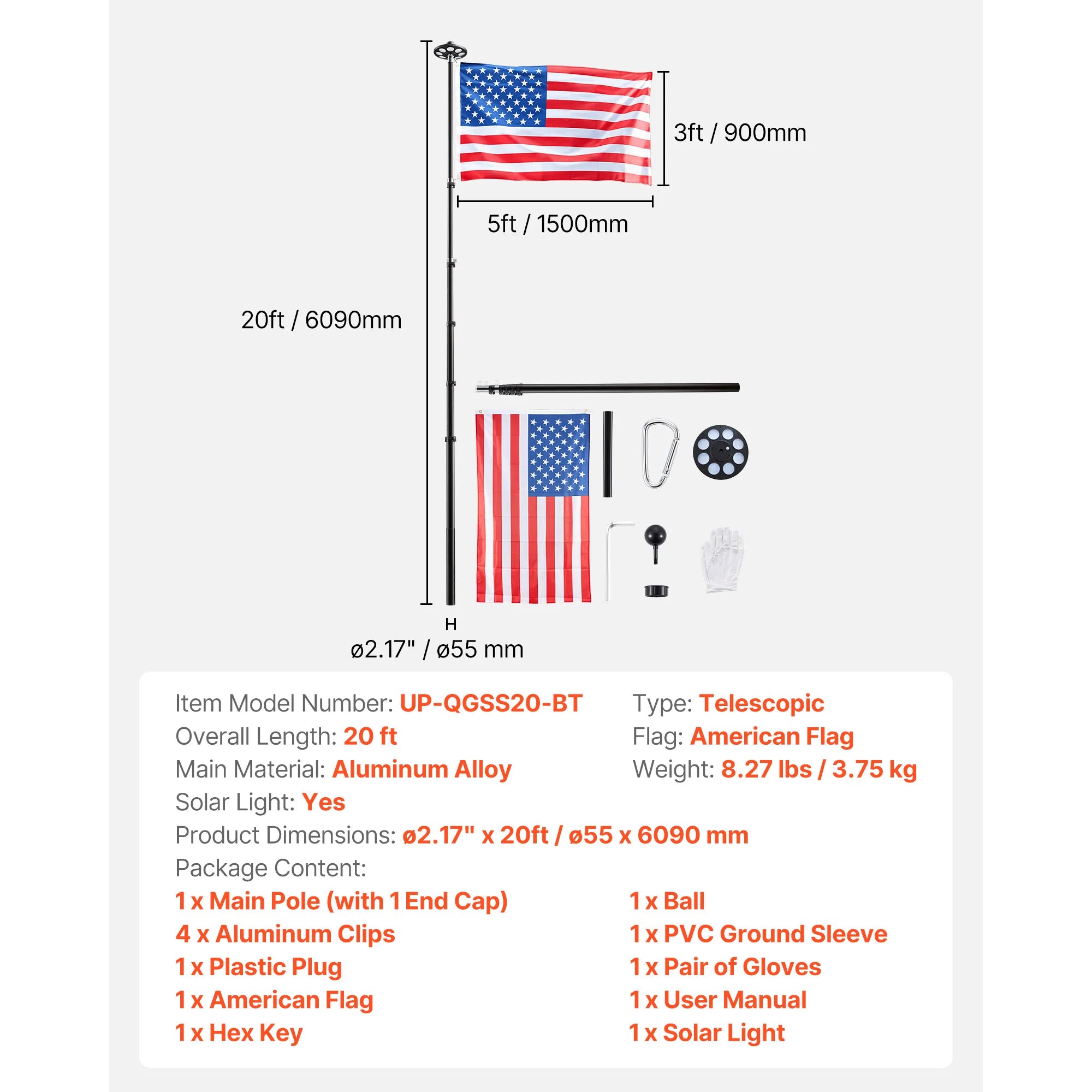 16/20/25/30ft In-Ground Aluminum Flag Pole Kit with Flag
