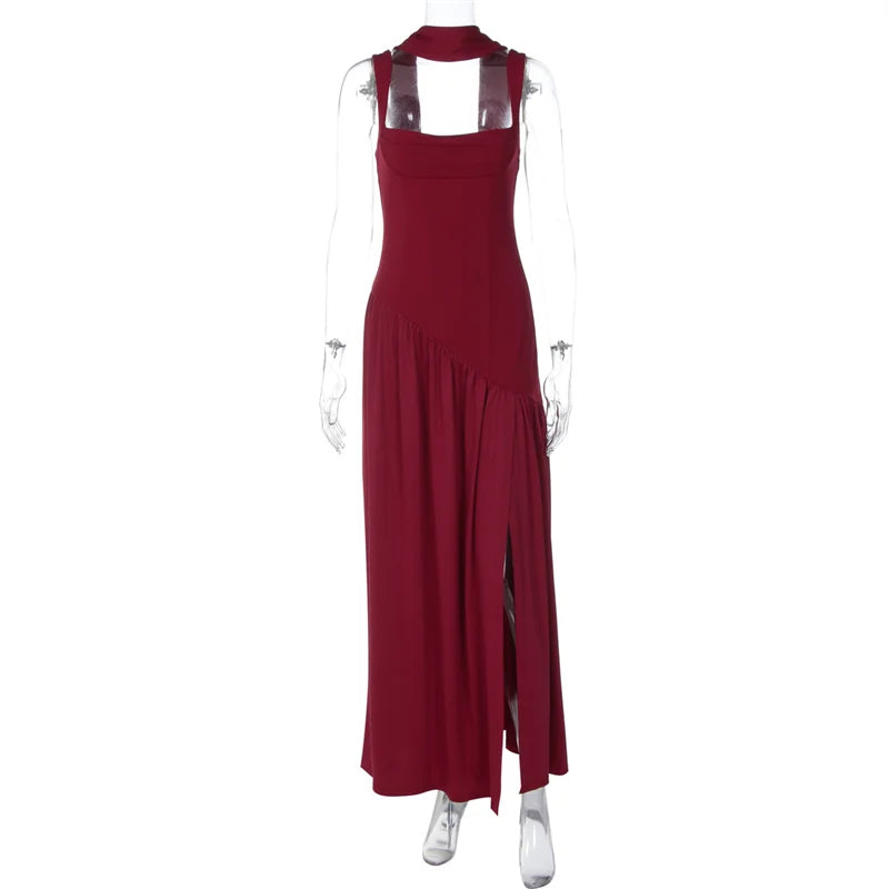 Elegant Sleeveless High Waist Slit Dress with Belted Sash