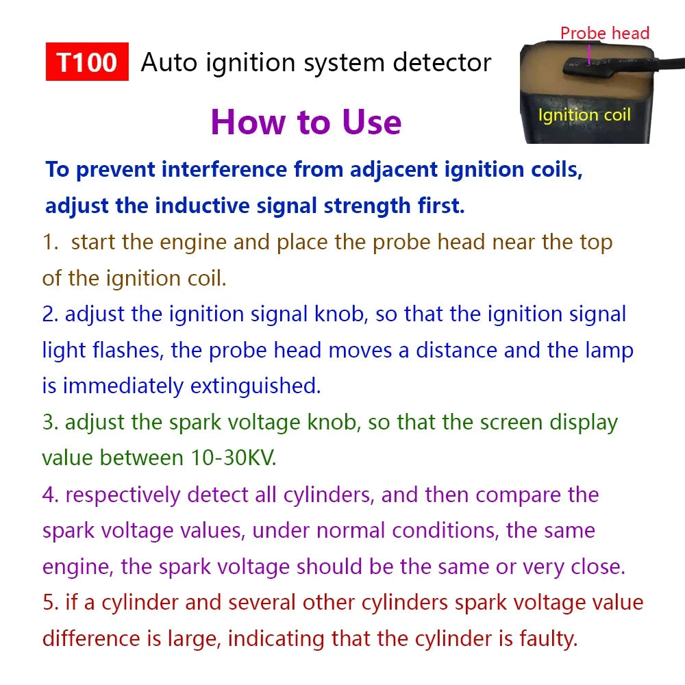 T100 Auto Ignition System Detector for 12V 24V Ignition System to Test Ignition Signal and Spark Voltage