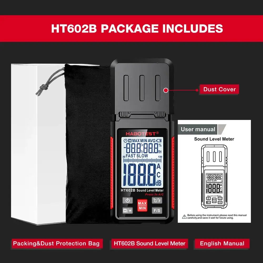 HABOTEST HT602A Sound Level Meter Digital Handheld DB Meter HT602B Noise Audio Level Meter 30-130dB Decibels Mini Sound Meter