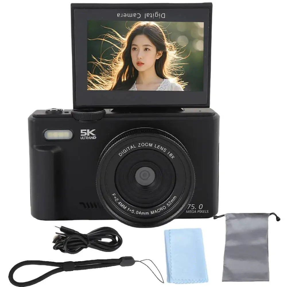 75MP Digital Camera 5K 18X Zoom Flip Screen WiFi
