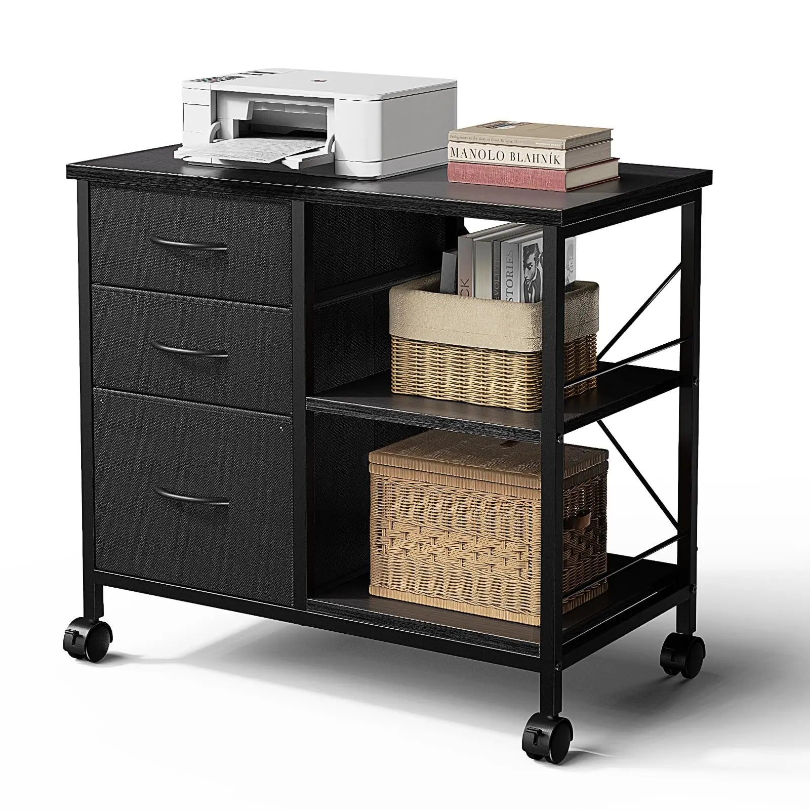 Rolling Storage Cabinet with Fabric Drawers and Steel Frame