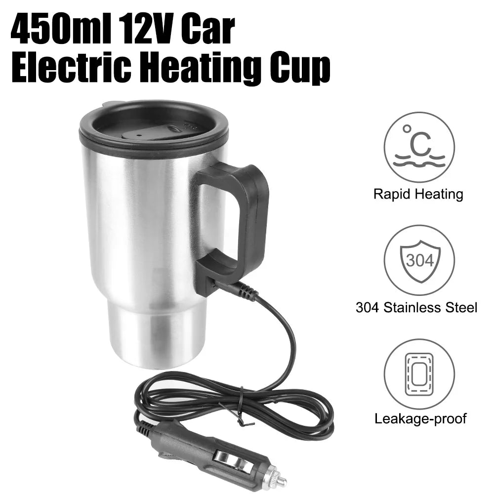 Vyhrievací cestovný hrnček do auta, 12 V, nehrdzavejúca oceľ, 450 ml