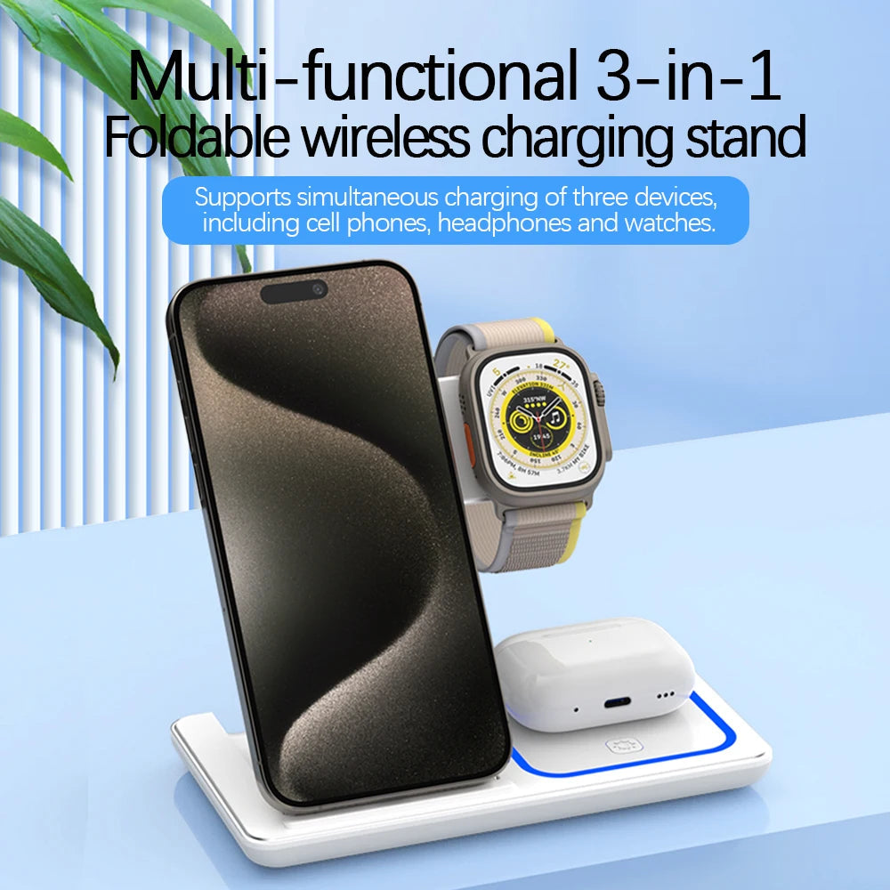 30W LED Fast Wireless Charger Stand 3 in 1 Foldable Charging Station For iPhone 15 14 13 12 11 Apple Watch 9 8 7 6 5 Airpods Pro 