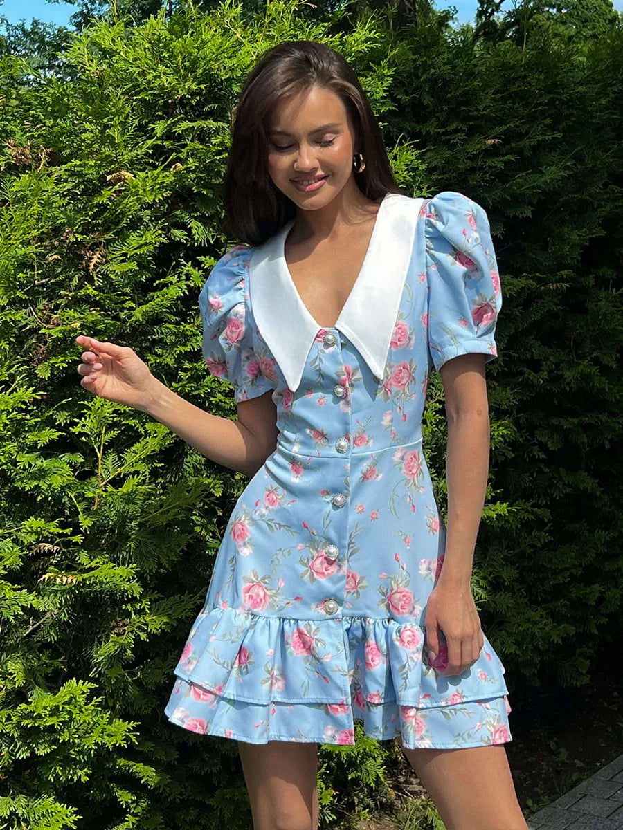 Tornova Print Puff Sleeves Ruffled Dress Women's V-Neck High Waist Pearl Buttons Mini Dress Female Casual Vacation Fashion Dress 