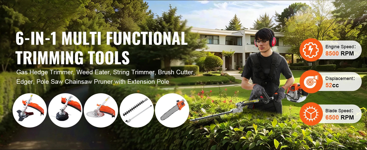 52CC 6-in-1 Gas Multi Tool Hedge Trimmer Brush Cutter Kit