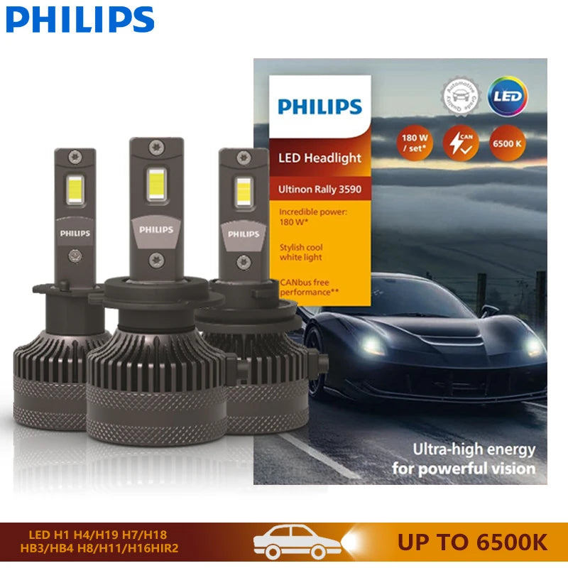 Philips Ultinon Rally 3590 H1 H4 H7 Auto LED-Scheinwerfer H8 H11 H16 HB3 HB4 HIR2 180W 15000LM Hochleistung 6500K Kaltweiß Beleuchtung