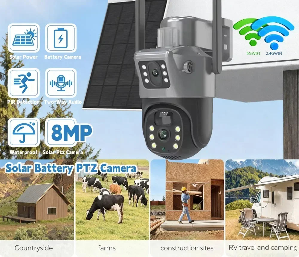 8MP Outdoor PTZ Security Camera Solar WiFi Dual Lens