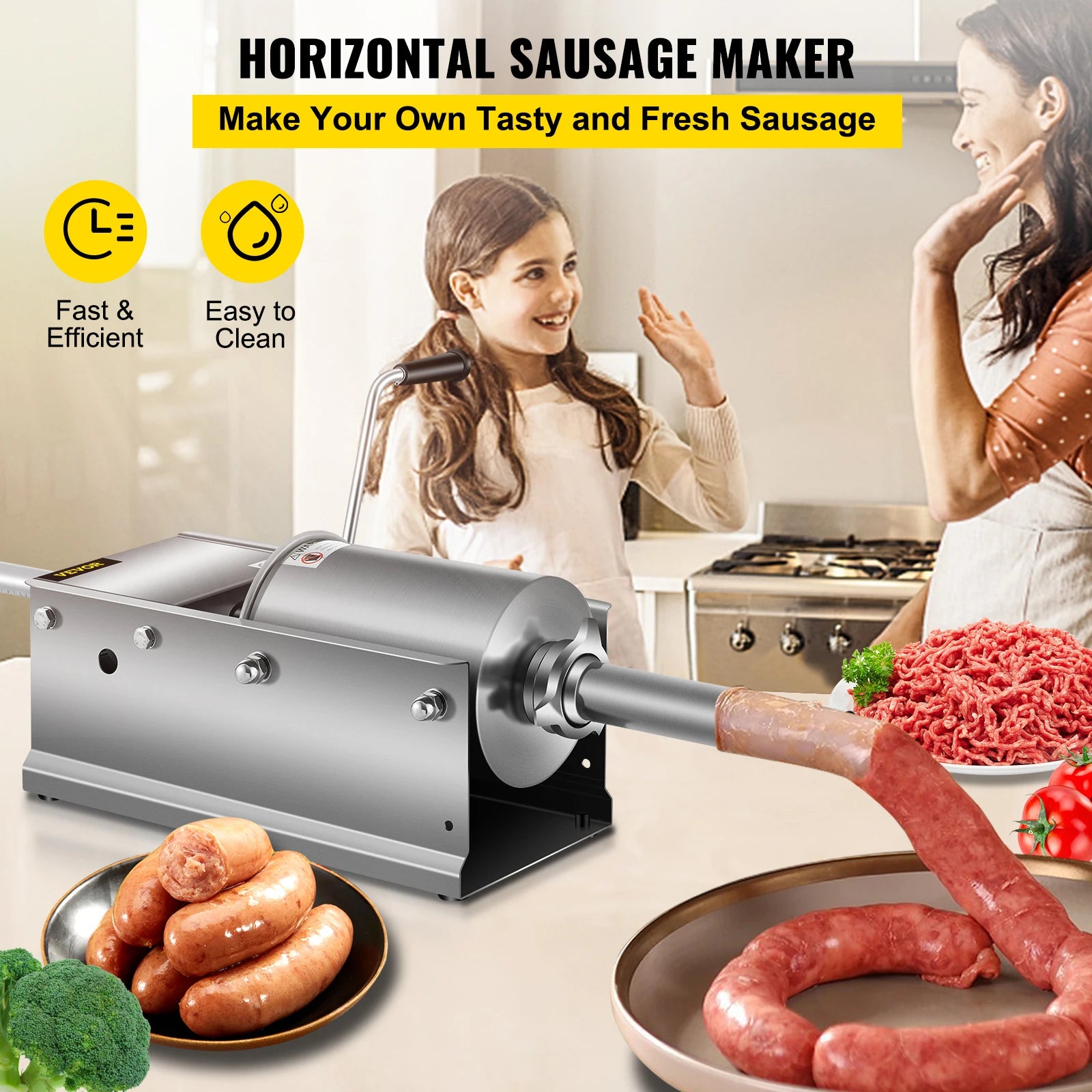 SucceBuy 3L Horizontaler Wurstfüller Manuelle Wurstmaschine aus Edelstahl mit 5 Füllaufsätzen für den Heim- und Gewerbebereich