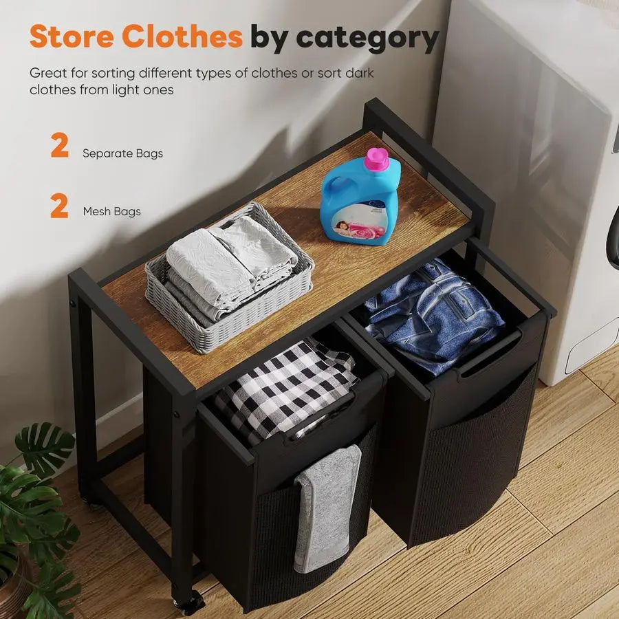 2-Section Laundry Hamper with Removable Bags and Rolling Shelf