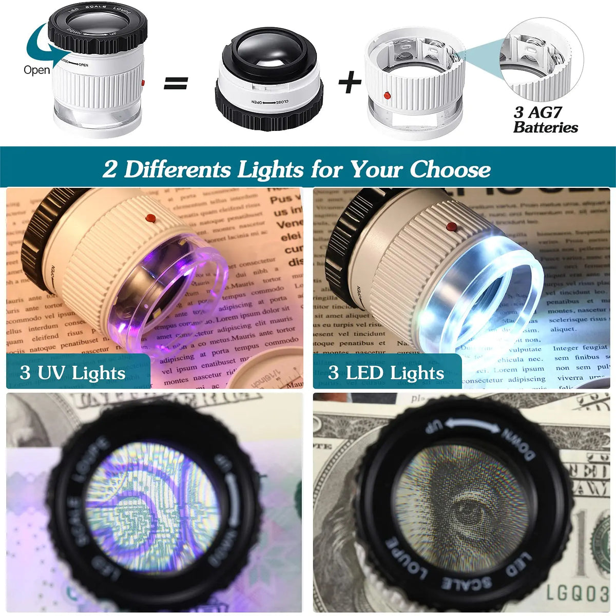 Lupa iluminada 30X com escala de medição