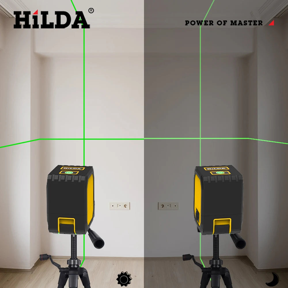 HILDA 2 Lines Mini Laser Level Self Levelling Green Beams Laser Horizontal & Vertical Cross-Line USB Charging 