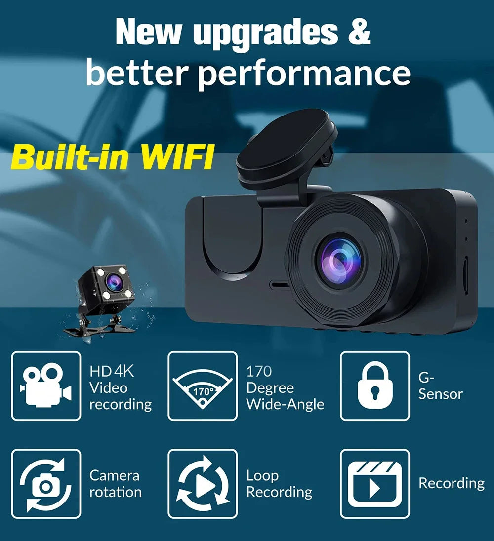 4K Dash Cam 3-Channel Front and Rear Recorder with WiFi App