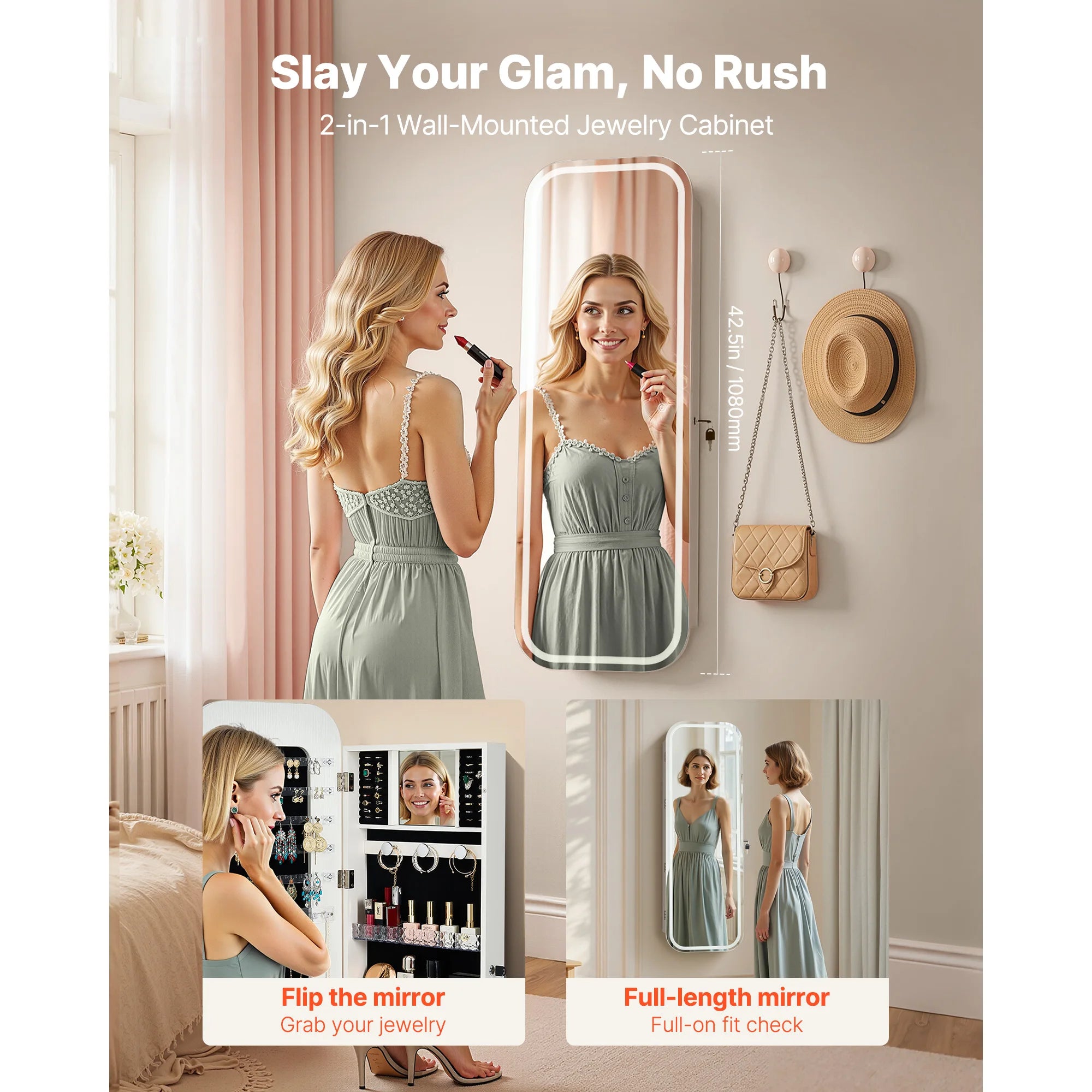 Full-Length Mirror Jewelry Cabinet with Lock & Hidden Storage