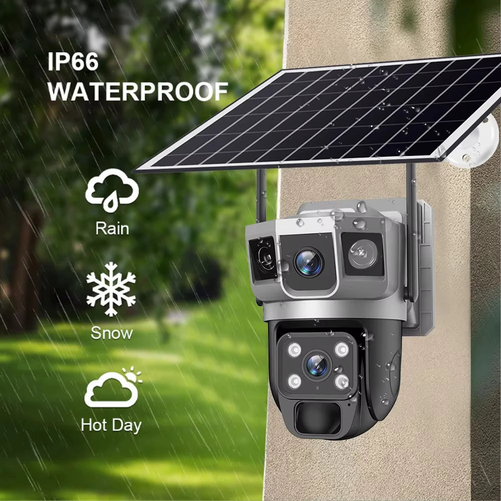 Dual Lens Three Screens WIFI Solar Camera 12MP 10X Zoom CCTV Outdoor Automatic Tracking Humanoid Detection Support PTZ IP66 Cam 