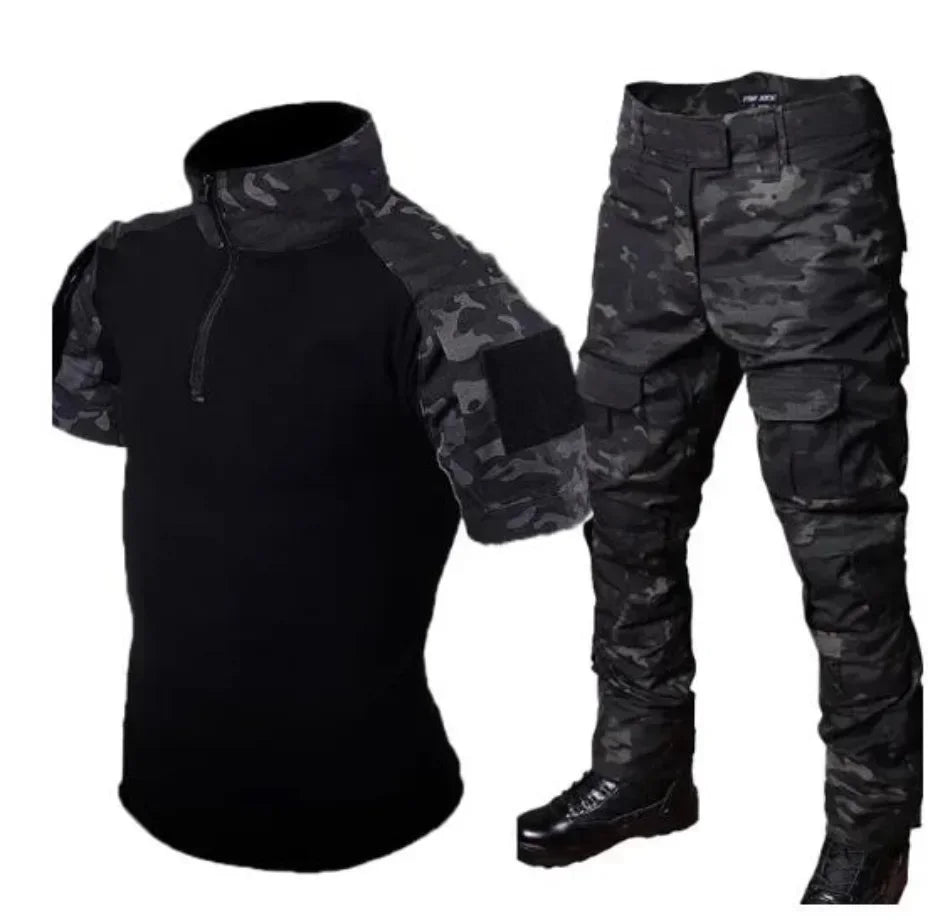 Black Camo Training Sets 1/4 Zipper Combat Tops Tactical Suits Hiking Pants Men Durable Shirts Multiple Pockets Wear-resisting