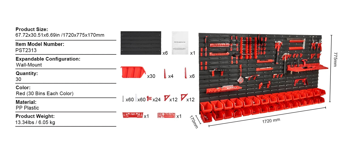 30-Bin Wall Mounted Storage Organizer with Panels for Garage