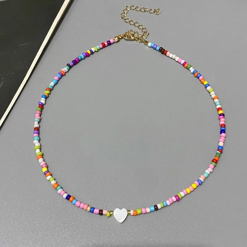 New Nature Shell Love Heart Choker Necklace for Girl Spring Summer Fashion Small Colorful Glass Beads Necklace Gift for Friend 