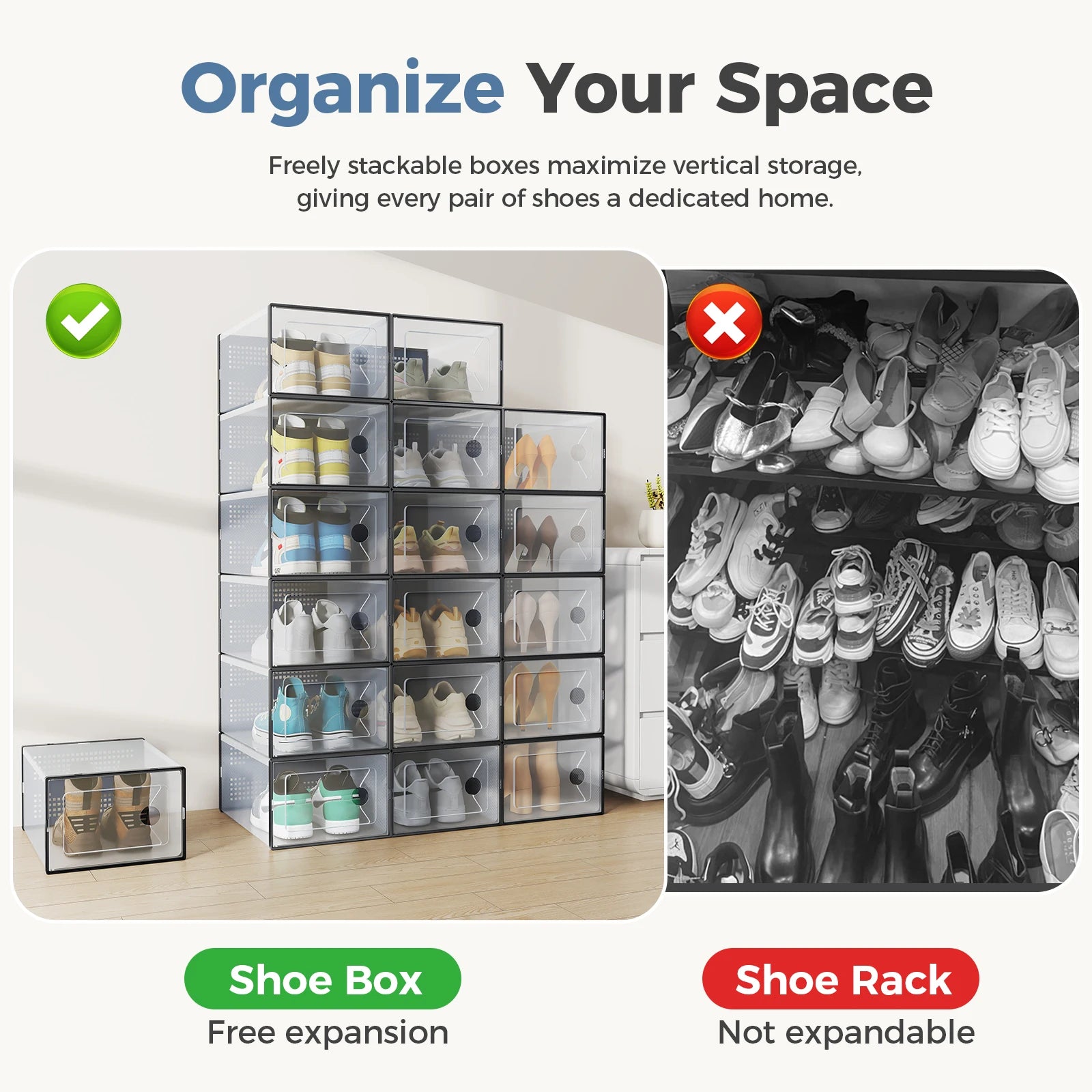 Stackable Clear Shoe Organizer Boxes with Lids (12/15 Pack)