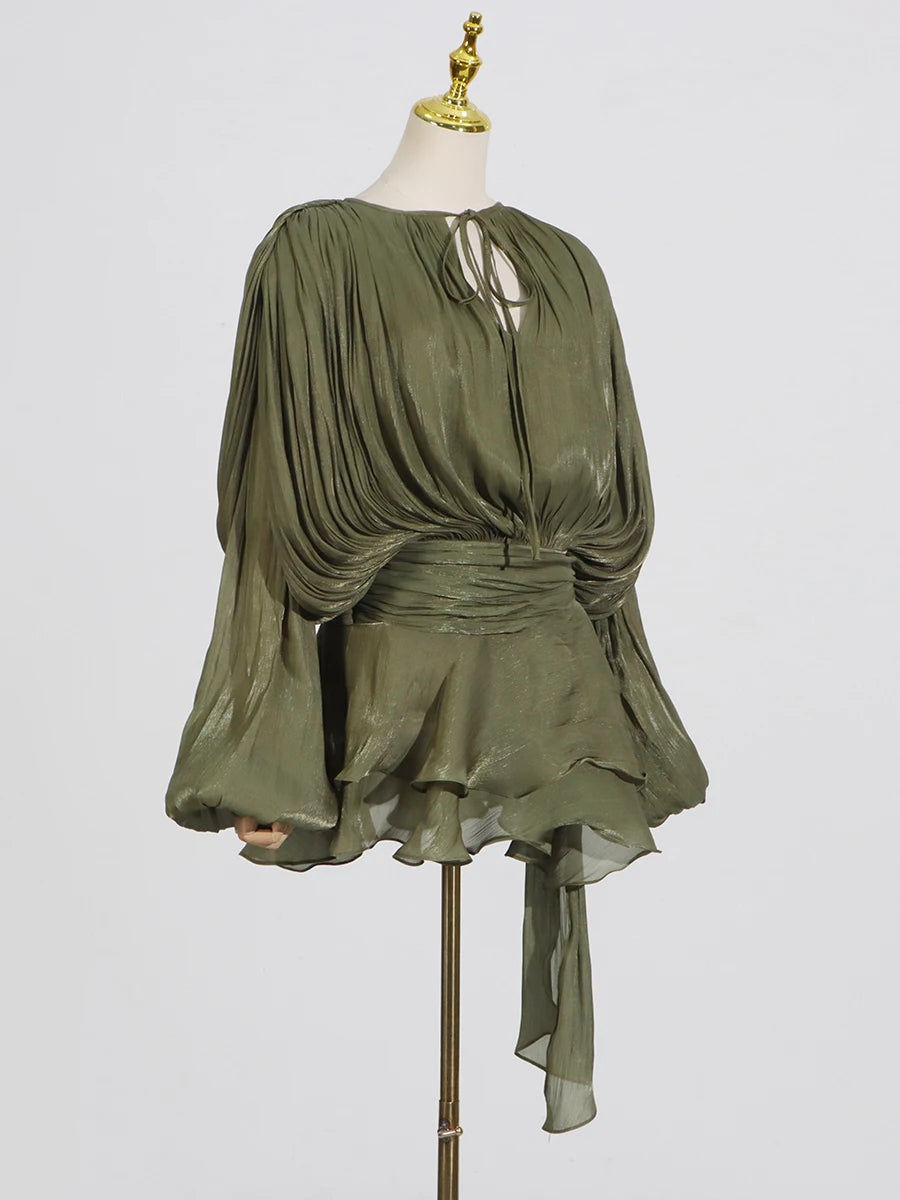 GALCAUR Solid Loose Splicd Lace Up Dresses For Women V Neck Long Sleeves Patchwork Ruffles Tunic Dreses Female Fashio New 