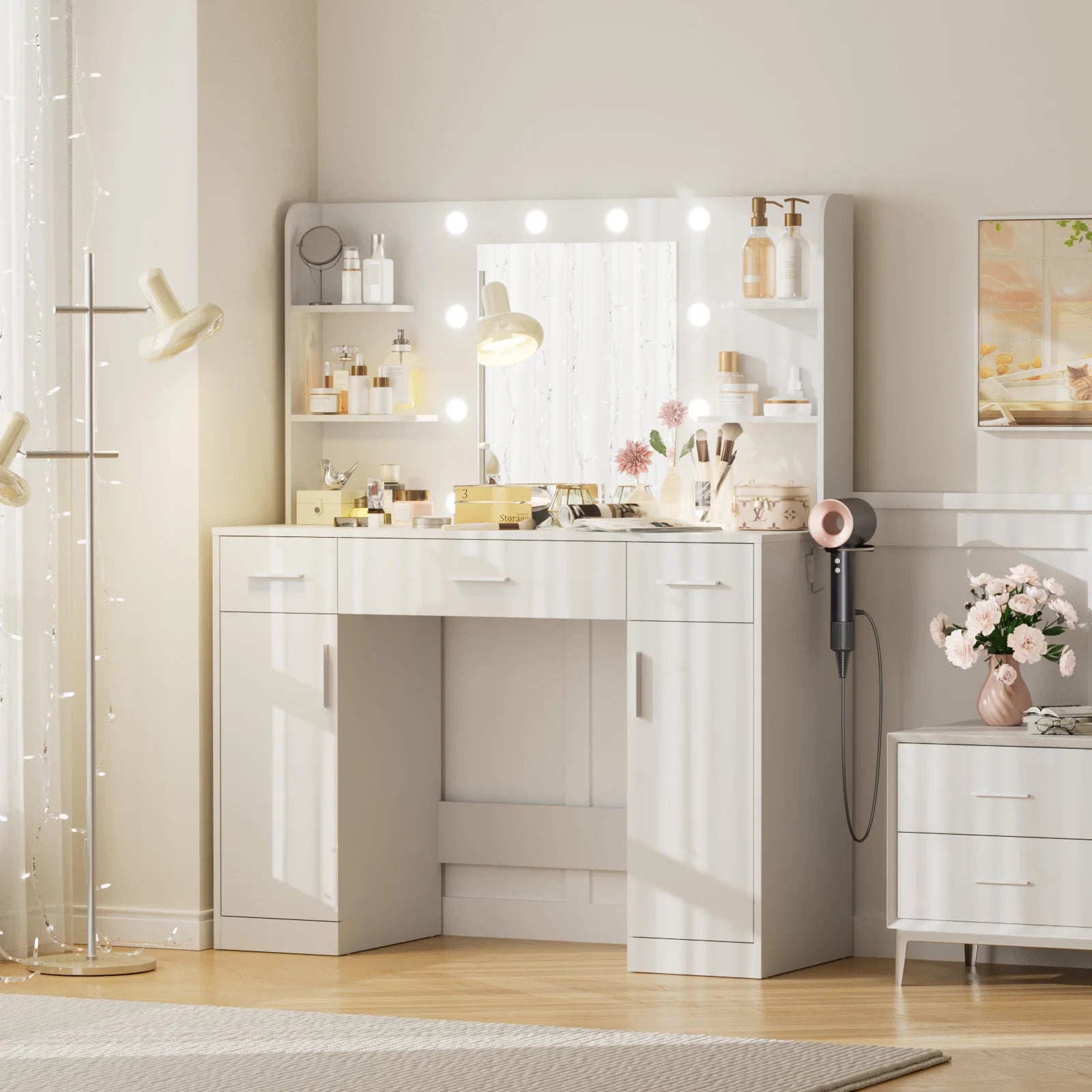 Modern Vanity Desk with Mirror Lights, Storage Cabinets & Drawers