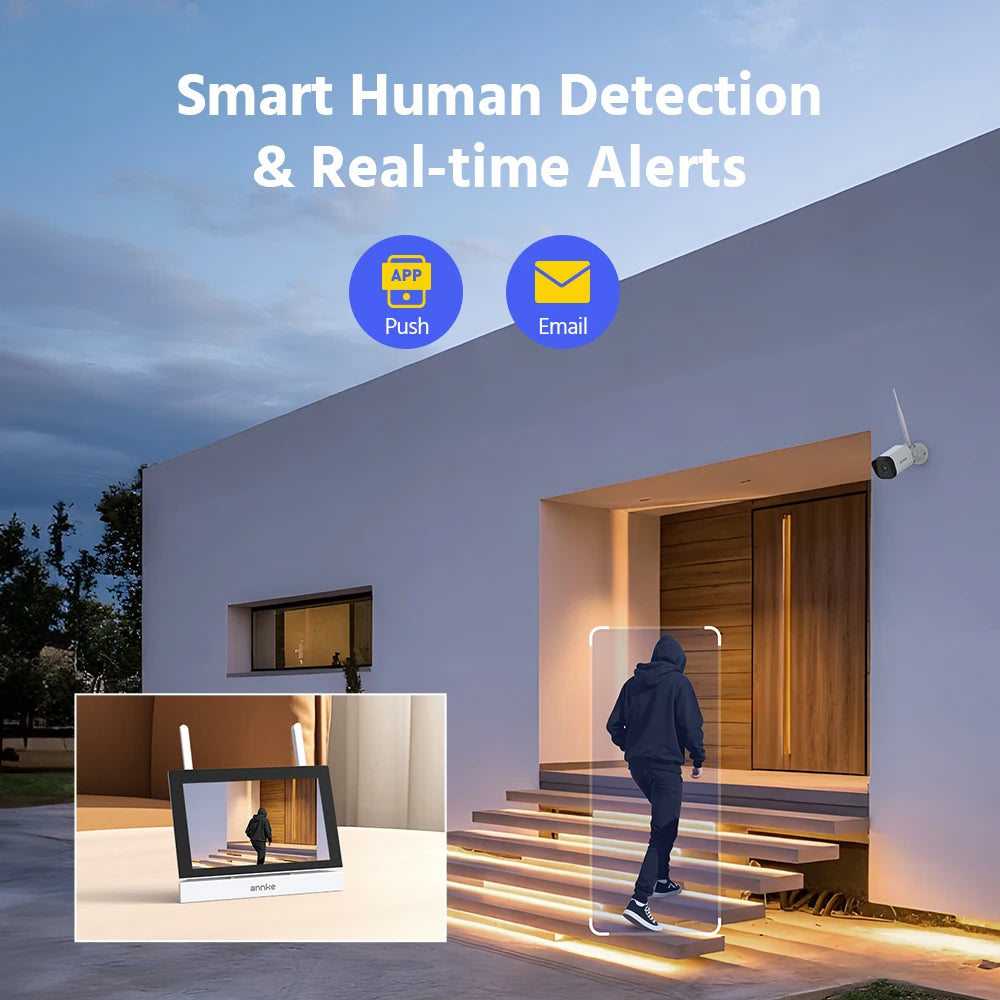 3MP Wireless Security Camera System with 7" Touch Screen, 4CH NVR and 2 Outdoor Cameras