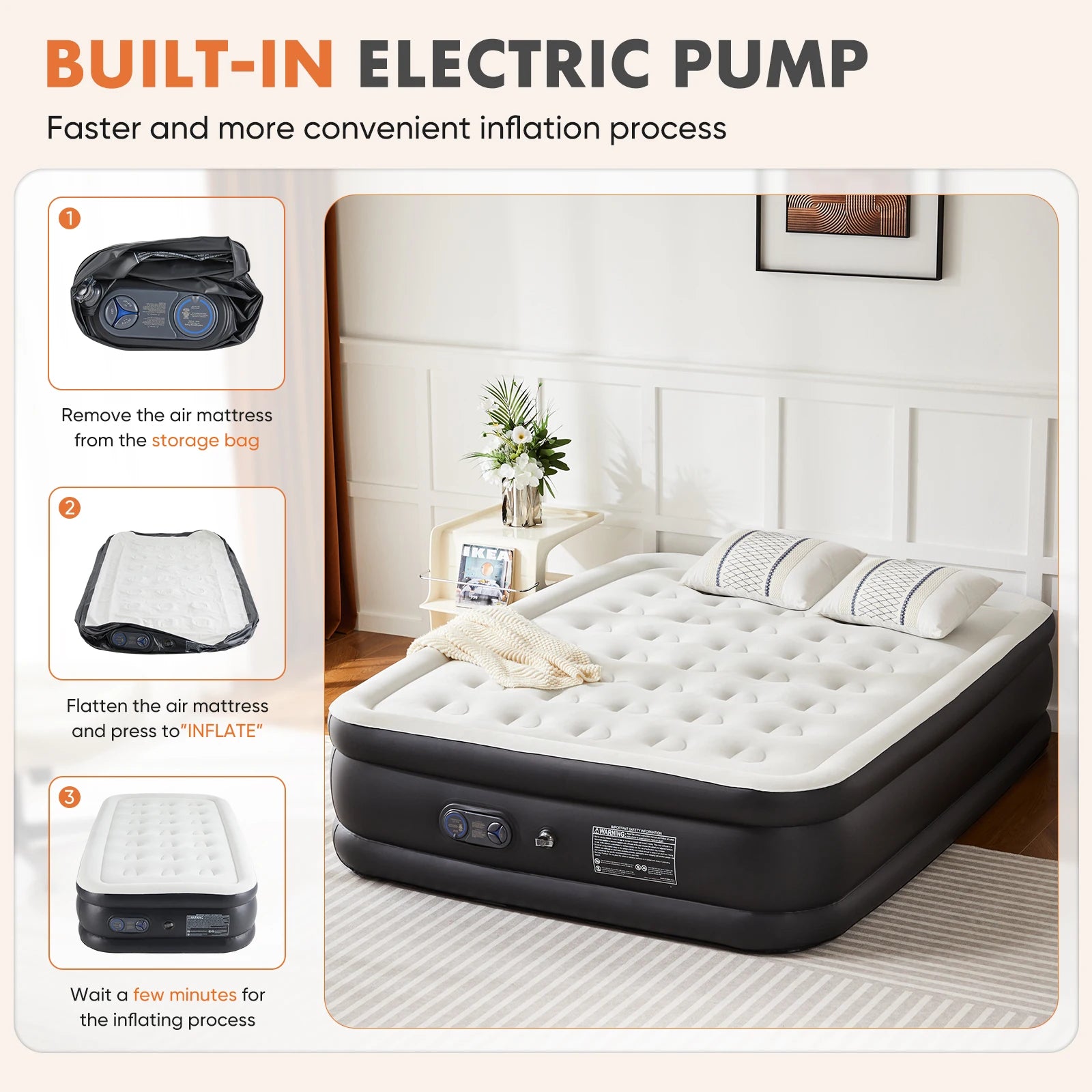 Matelas gonflable double hauteur 16" avec pompe intégrée, capacité 660 lb