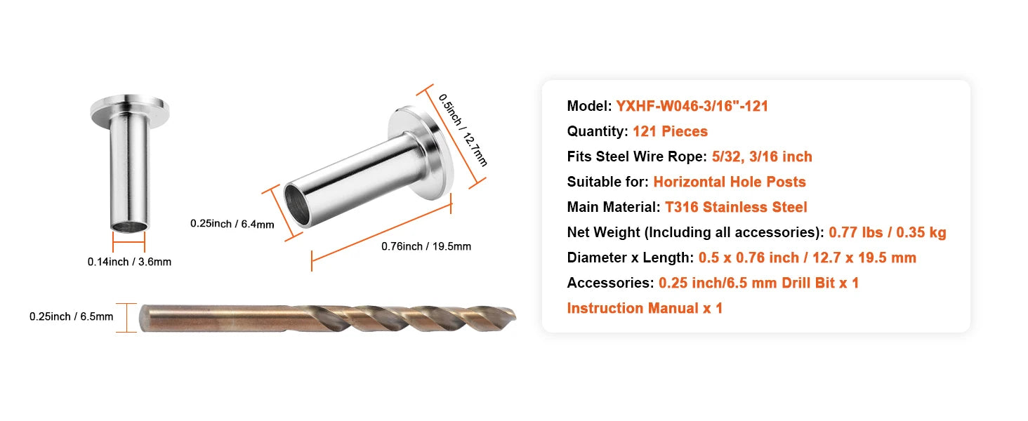 SucceBuy 121/81/101 pack T316 nerezové ochranné návleky pro kabel z ocelového lanového ráhla o průměru 1/8" nebo 3/16"