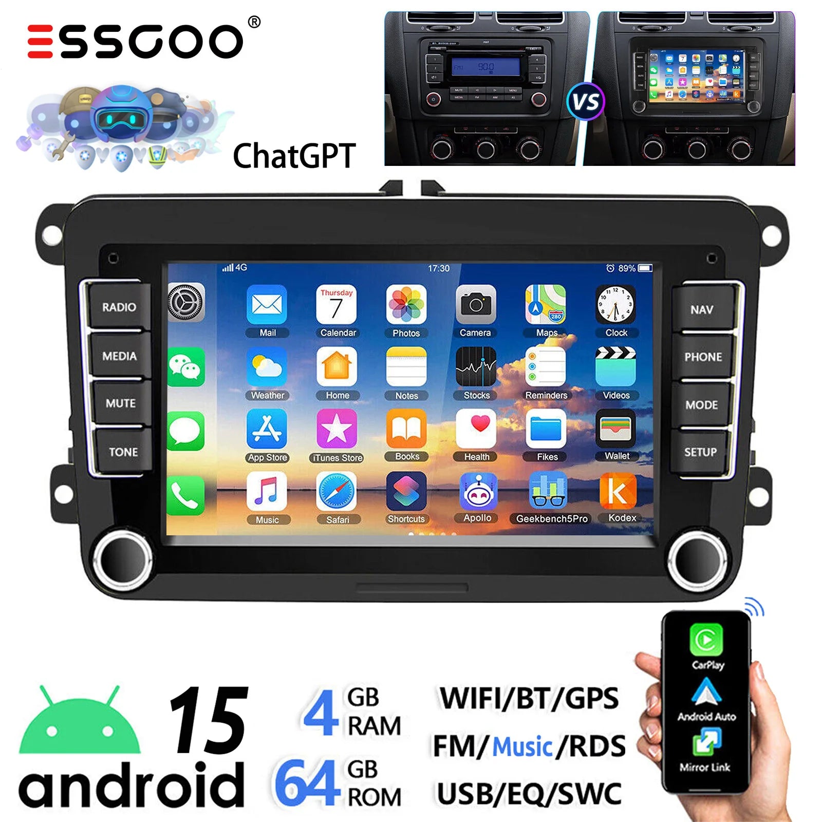 7" Android 14 Car Stereo for VW with CarPlay, GPS & Voice AI