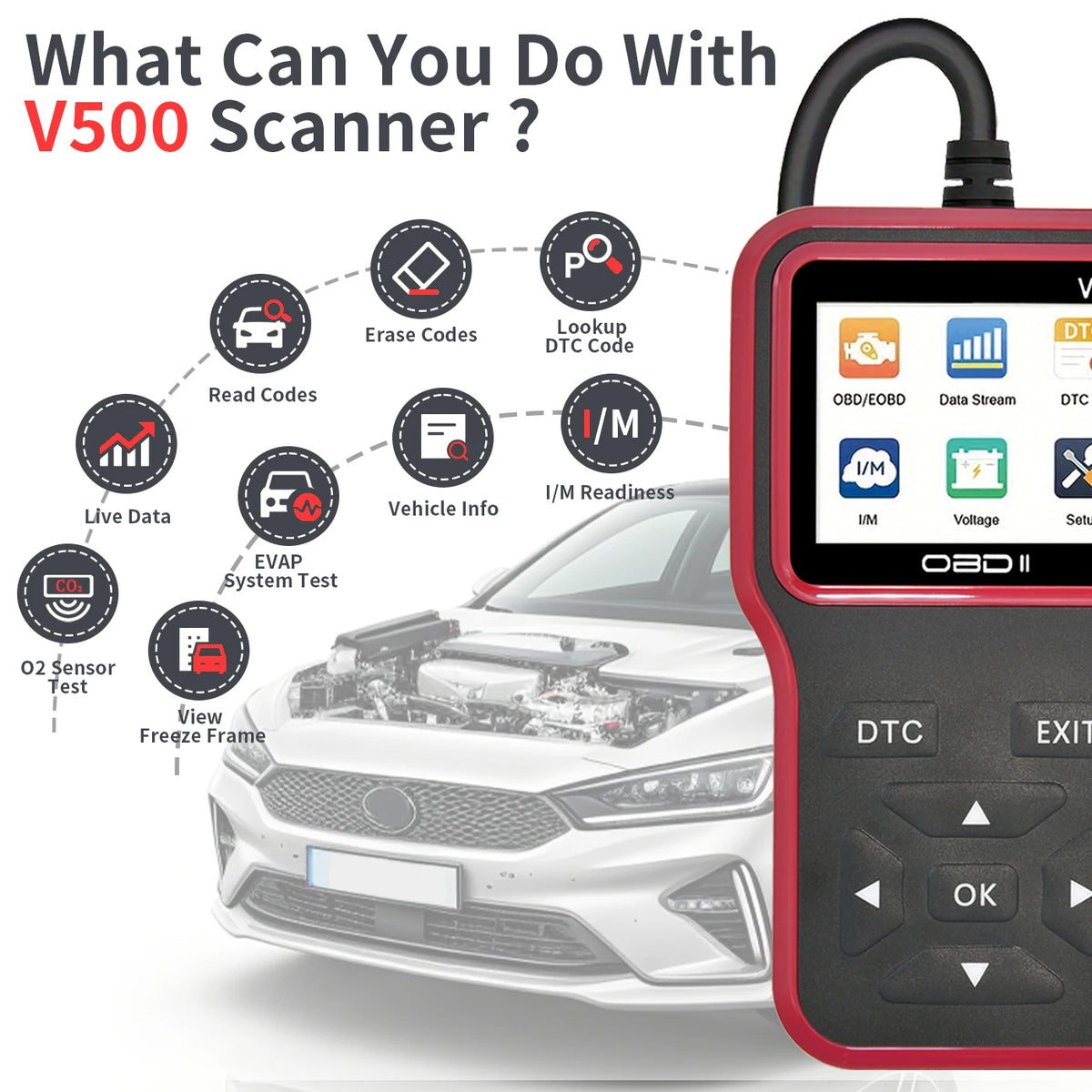 V500 OBD2 Engine Code Reader with Live Data & Voltage Display