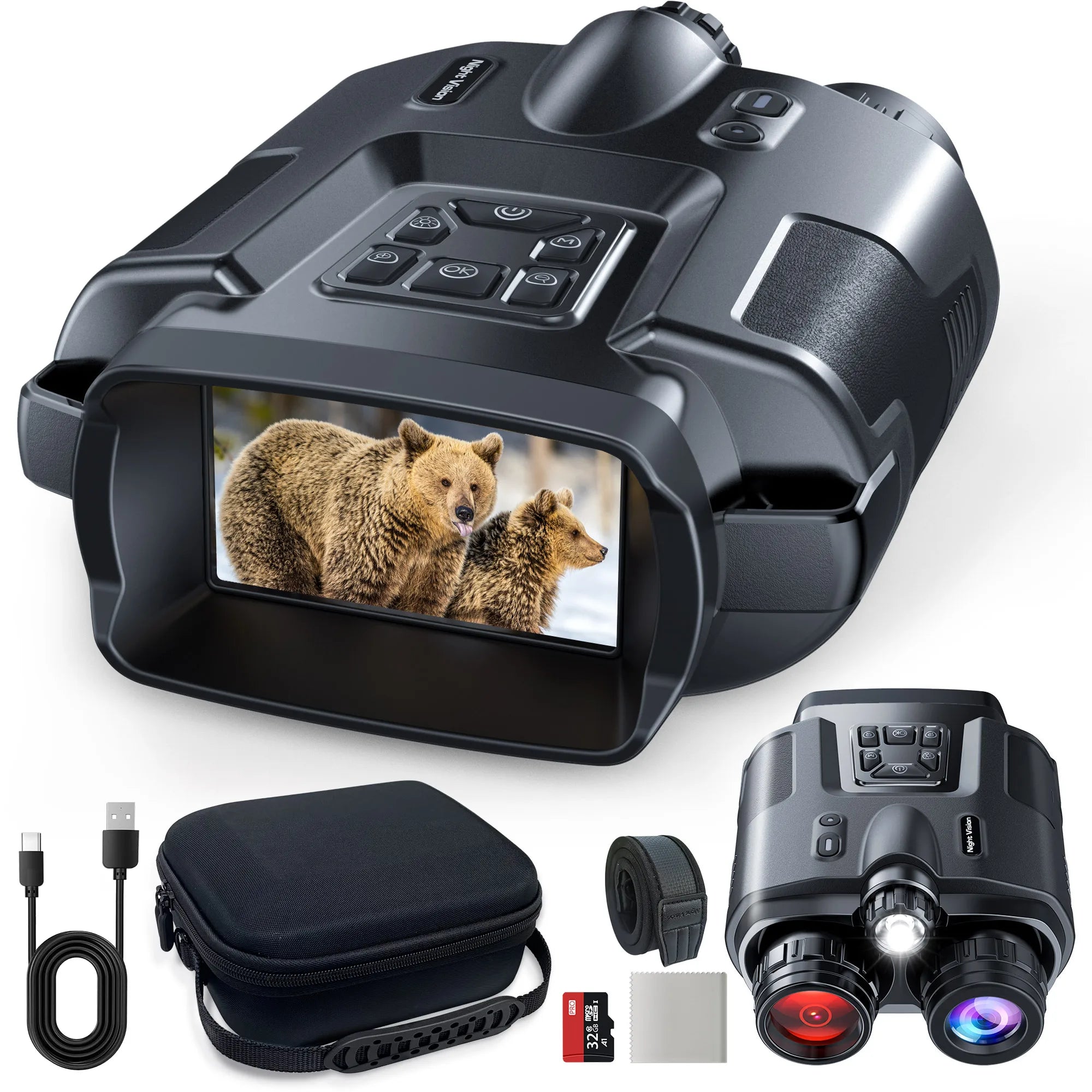 4K Night Vision Binoculars with 8X Zoom, 3" Screen & Tactical Light