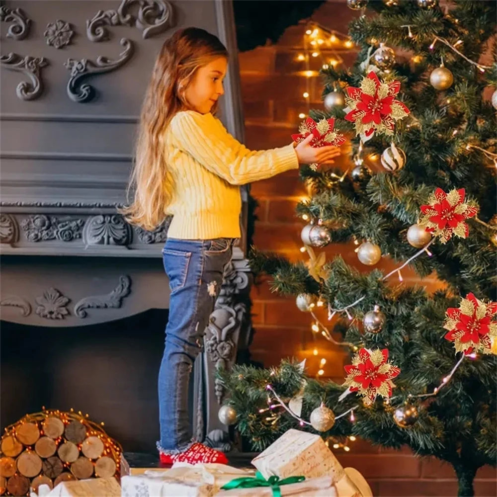 5/10pcs 14.5cm Christmas Flower Ornaments,Pink,Red,Gold,Glitter Artifical Flowers For Christmas Tree,Xmas Decoration For Home 