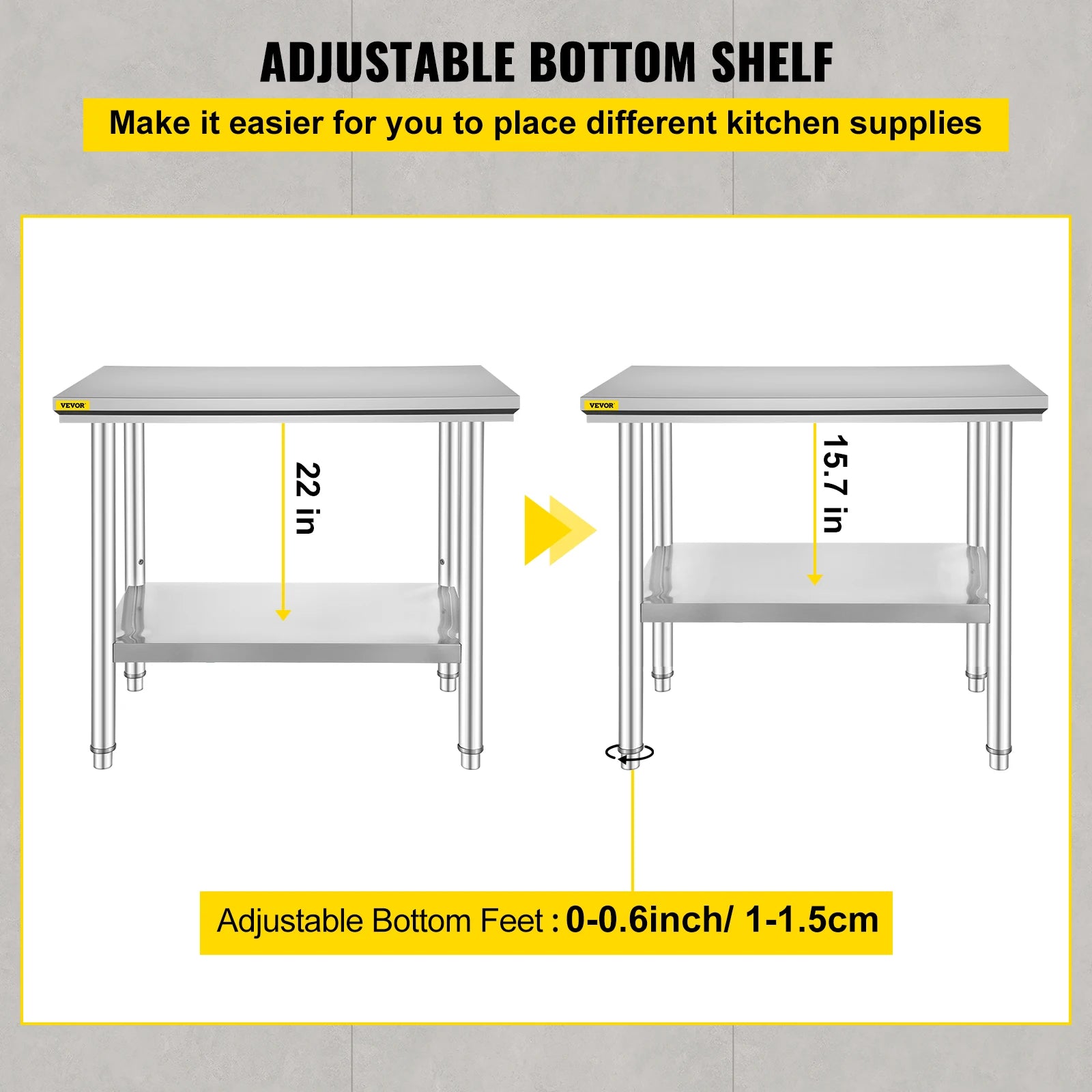 Stainless Steel Kitchen Prep Table with Undershelf, 286–330 lb Capacity