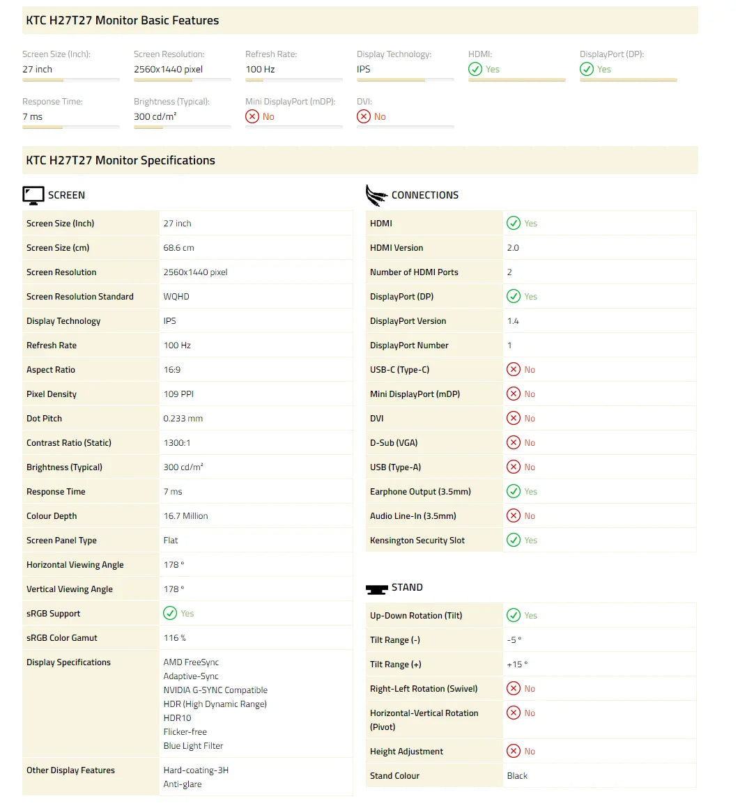 KTC H27T27 27" QHD 100Hz Gaming Monitor