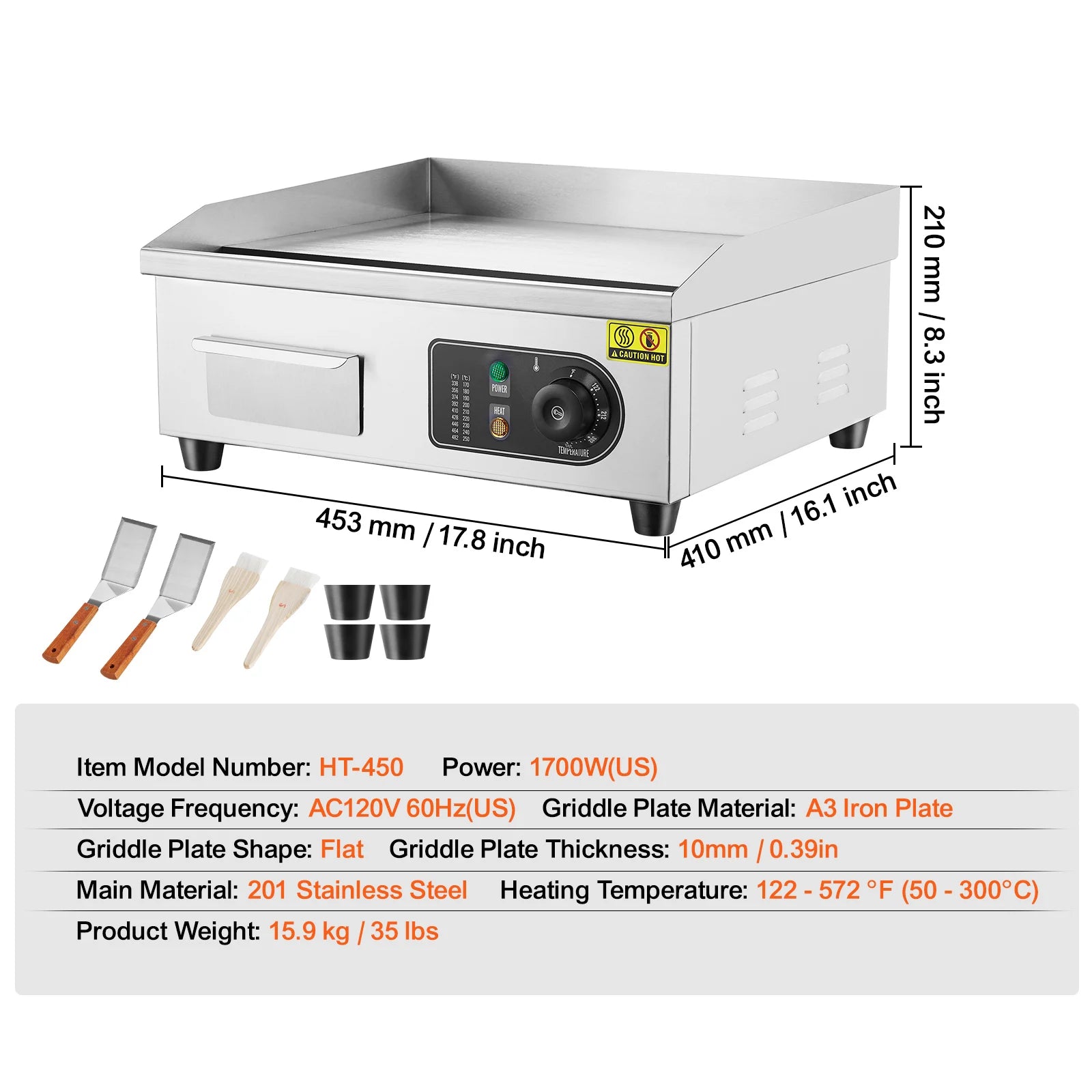 Commercial Electric Griddle 122–572°F Flat Top Countertop Grill