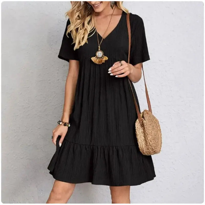 Women Summer Peplum Dresses Spring V-Neck Short Sleeve Loose Waist Ruffle Fit Flare Vocation Dresses 