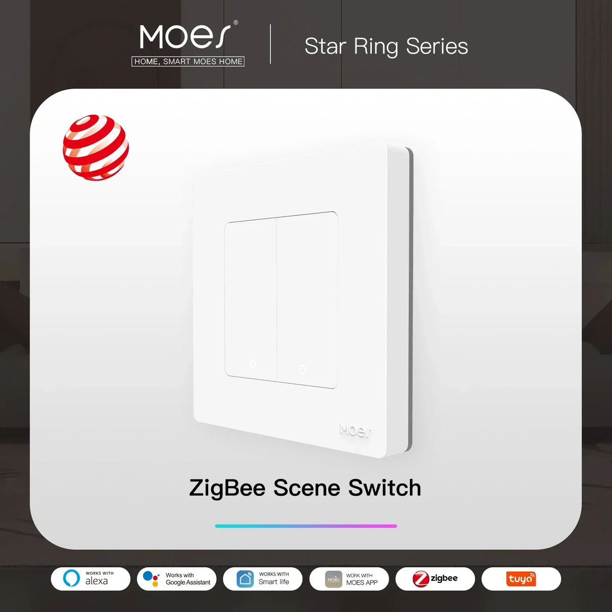 MOES Smart Light Switch Tuya ZigBee Star Ring Series No Neutral Wire No Capacitor Needed Smart Life Works with Alexa Google Home