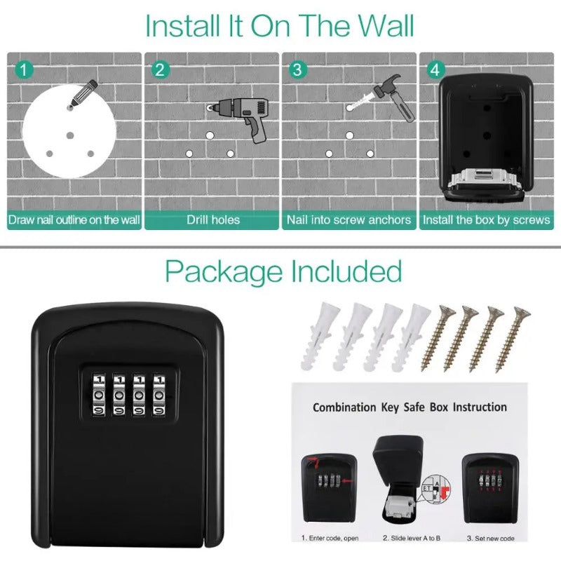 Wall Mounted Key Lock Box with 4 Digit Combination Secure Storage
